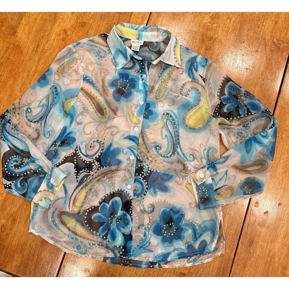 NICOLA Women's L Sheer Floral Paisley Blouse Blue Gold Glitter Button Front Y2K